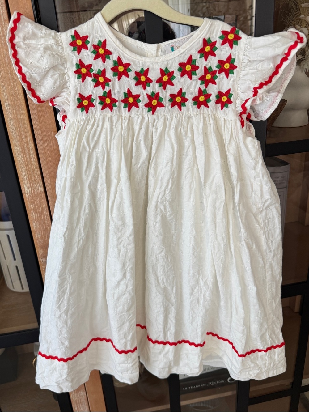 Poinsettias embroidered dress Christmas short sleeve cotton ruffle toddler girls